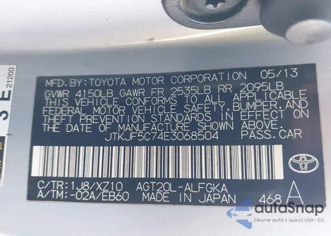 2014 Scion Tc 10 Series from USA, damaged, VIN JTKJF5C74E3068504
